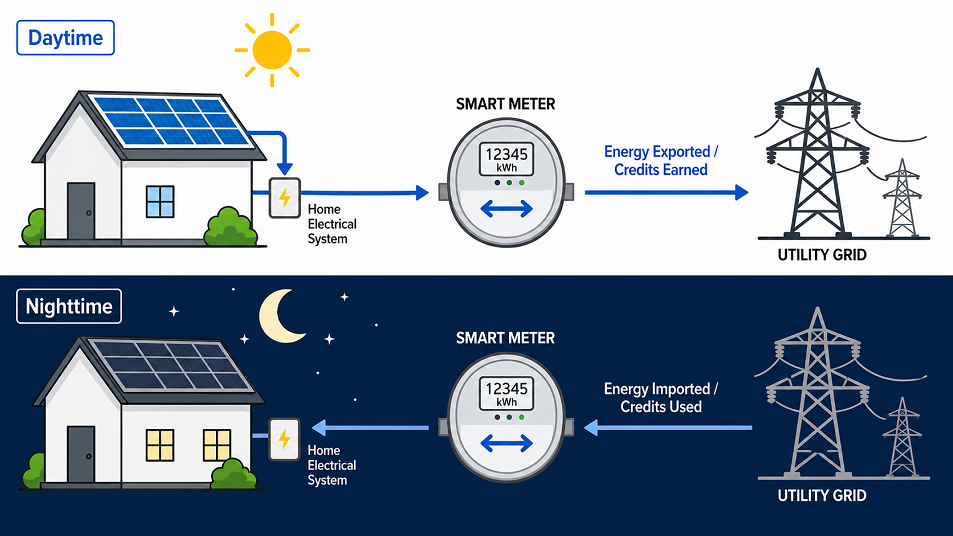 Infographic showing net metering energy flow: solar panels exporting surplus power to the grid during the day and drawing grid power at night through a bidirectional smart meter